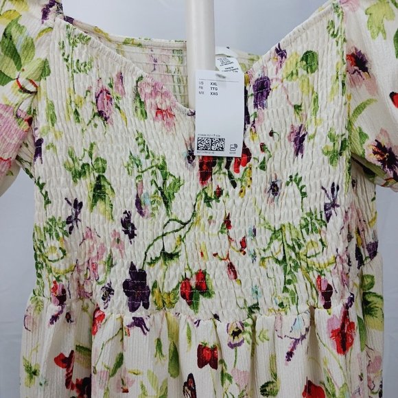 NEW H&M Floral Pleet Dress Size XXL Mini Short Cold Shoulder Ivory Floral - Picture 3 of 15
